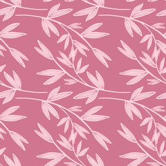 Fototapeta premium Vintage leaf seamless pattern on pink background. Retro floral wallpaper. Vector illustration.