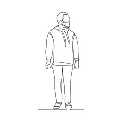 Continuous line drawing of man walking wear medical mask. Vector illustration