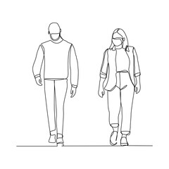 Continuous line drawing of man and woman walking wear medical mask to protect virus and disease. Vector illustration