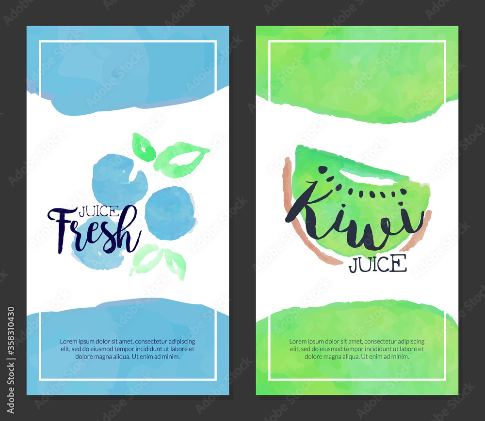 Wall mural Fresh Juice, Banner Template Set, Sweet Fruits Drink Watercolor Vertical Hand Drawn Vector Illustration