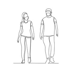 Continuous line drawing of man and woman walking wear medical mask to protect virus and disease. Vector illustration