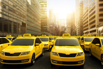 3D rendering of a traffic jam of yellow taxis in a strike. - obrazy, fototapety, plakaty