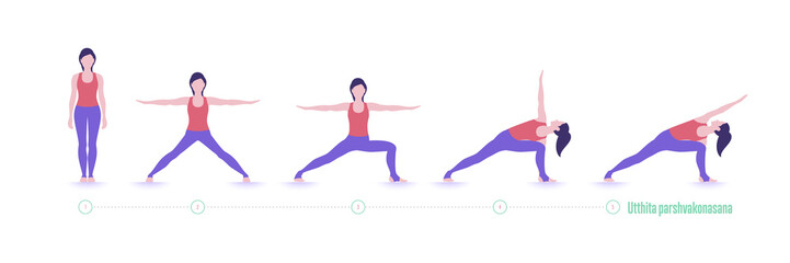 Yoga pose. Utthita parshvakonasana. Exercise step by step