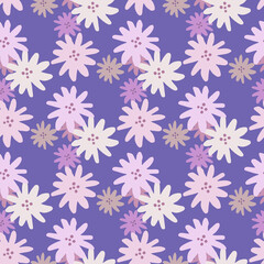 Chamomiles floral endless wallpaper. Cute daisies flowers seamless pattern on purple background.