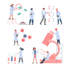 Scientists in Lab, Team of Bioengineers in White Coat Doing Professional Science Researchers Flat Style Vector Illustration