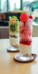 Strawberry flavoured parfait with Japanese shaved ice (Kakigoori), cream, cookies. A macaron and fruits on top, another parfait in the back ground. On a table. Perfect dessert for summer.