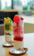 Strawberry flavoured parfait with Japanese shaved ice (Kakigoori), cream, cookies. A macaron and fruits on top, another parfait in the back ground. On a table. Perfect dessert for summer.