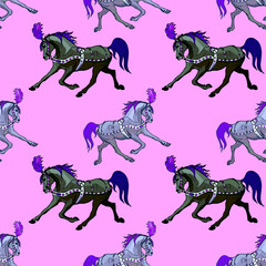 seamless background, circus horses on white and lilac backgrounds