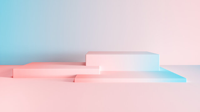 3D rendered gradient cubes in soft pastel colors. Geometric shapes composition with empty space for product design show. Minimalistic banner background.