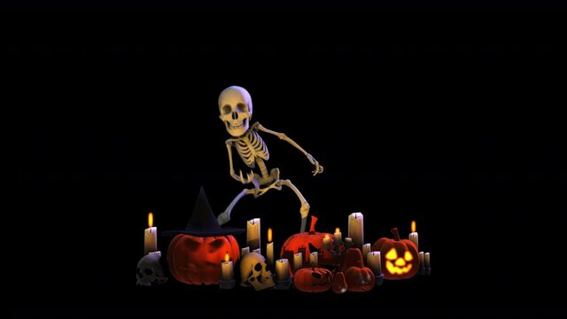 Seamless animation of a thriller dancing skeleton with candles and Jack O&acute;lantern pumpkins isolated with alpha channel. Funny halloween background for events and parties.