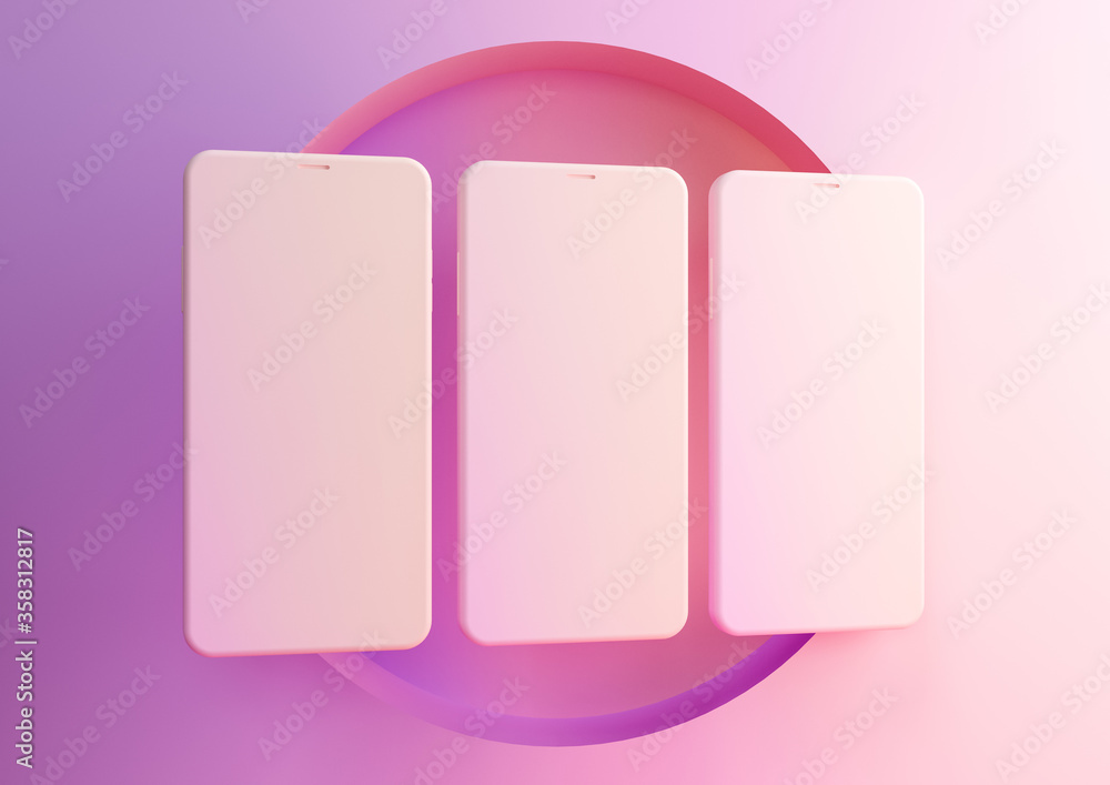 Poster set of three smartphones on gradient pink and purple background. device screen mockup on minimal bac