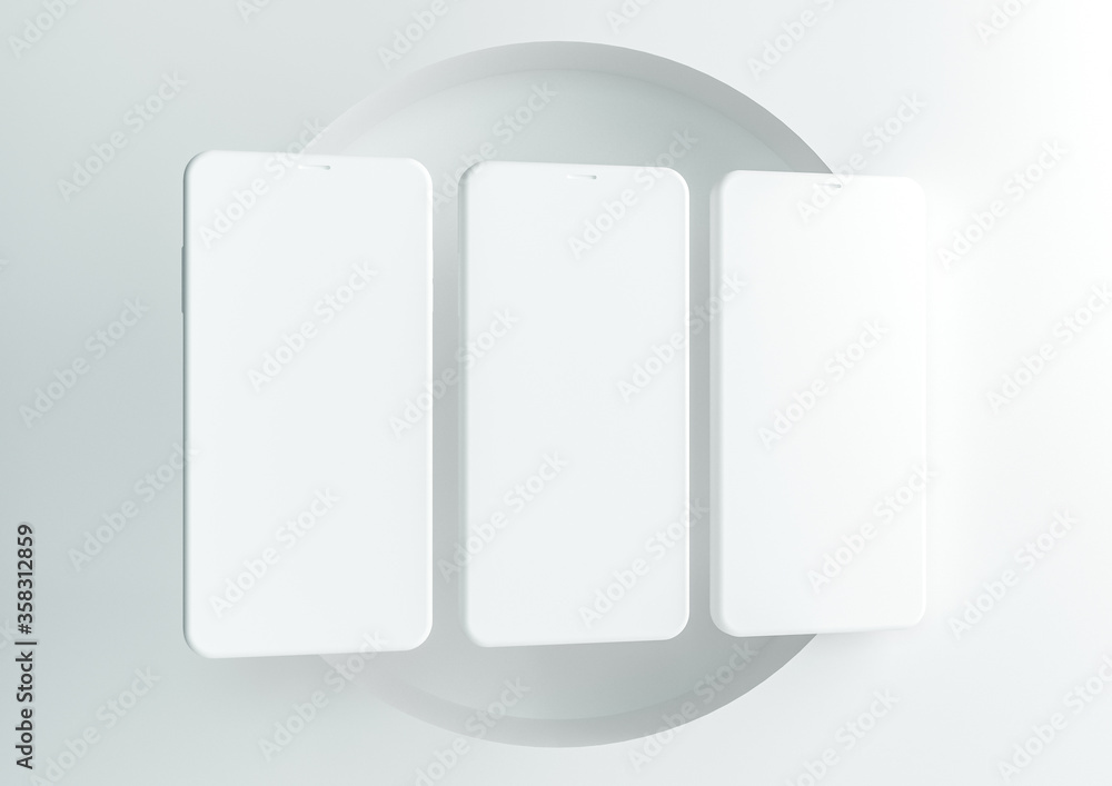 Poster set of three smartphones on white background. device screen mockup on minimal background for present