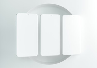 Set of three smartphones on white background. Device screen mockup on minimal background for presentation or application design show. 3d render illustration.
