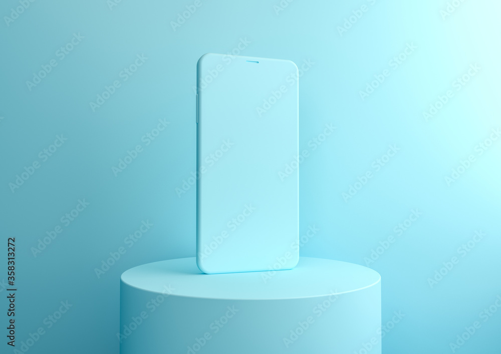 Poster 3d rendered light blue background with smartphone on round stand. device screen mockup on minimal ba