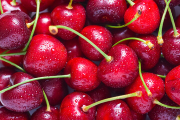 Lot of fresh, raw cherry, water drops