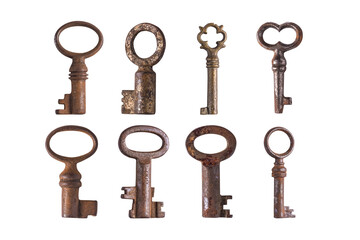 Set of isolated old vintage rustic keys