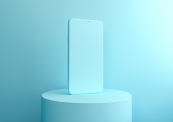 3d rendered light blue background with smartphone on round stand. Device screen mockup on minimal background for presentation or application design show. 