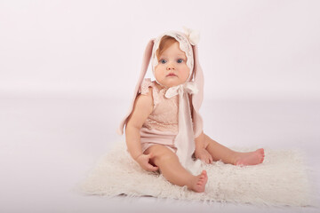 Cute funny baby with bunny ear. Easter greeting card, copyspace for your text. Easter bunny....