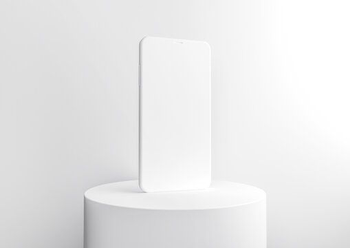 3d rendered white background with smartphone on round stand. Device screen mockup on minimal background for presentation or application design show. 