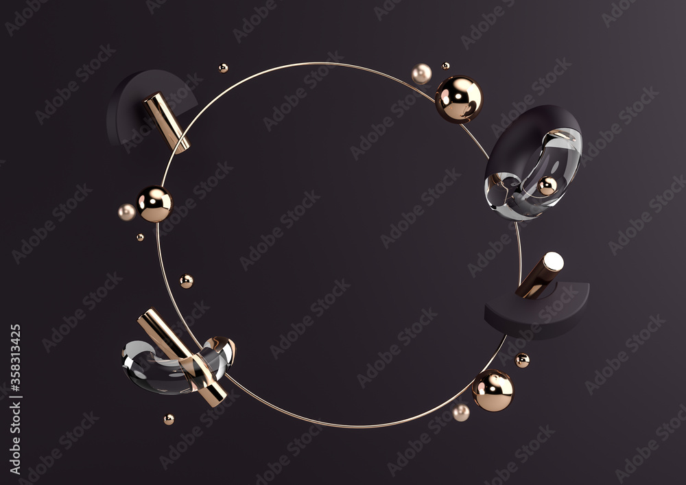 Poster flying geometric shapes in motion with golden round frame. dynamic set of realistic spheres, rings, 