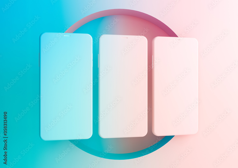 Poster set of three smartphones on gradient blue and pink background. device screen mockup on minimal backg