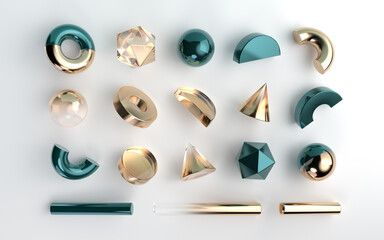 Set of 3d render realistic geometric figures isolated on white background. Spheres, torus, tubes, hexagons and other shapes in metallic gold and green  glass colors for abstract design compositions.