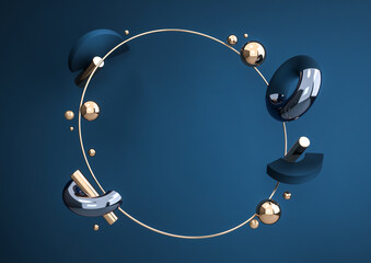 Flying geometric shapes in motion with golden round frame. Dynamic set of realistic spheres, rings, tubes. Modern background for product design show in dark blue color. 3d render illustration.