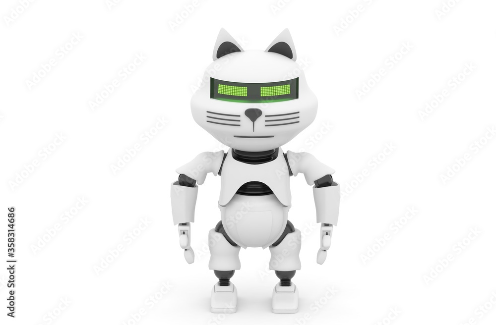 Poster robot cat. 3d rendering illustration. isolated on white. kitten 3d. droid. 3d render. white cat. rob