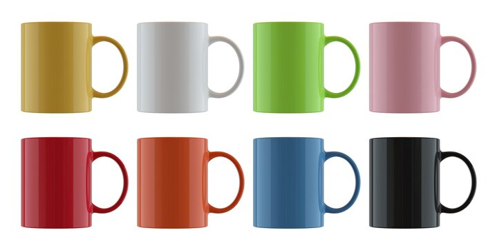 Set of standard colored cups on white background.
