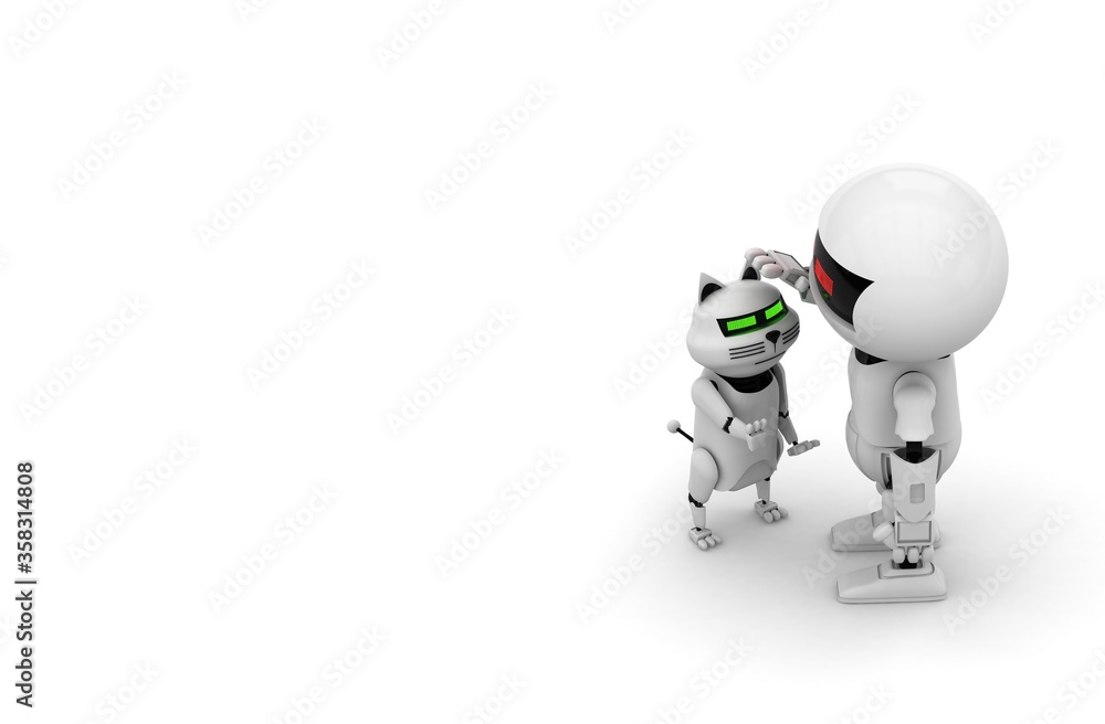Poster robot cat. 3d rendering illustration. isolated on white. kitten 3d. droid. 3d render. white cat. rob