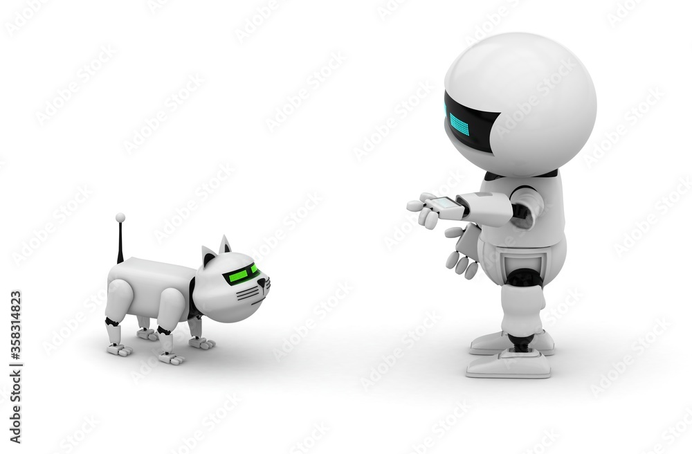 Poster robot cat. 3d rendering illustration. isolated on white. kitten 3d. droid. 3d render. white cat. rob