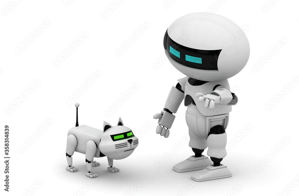 Poster robot cat. 3d rendering illustration. isolated on white. kitten 3d. droid. 3d render. white cat. rob