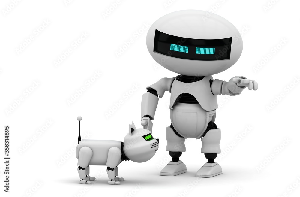 Poster robot cat. 3d rendering illustration. isolated on white. kitten 3d. droid. 3d render. white cat. rob