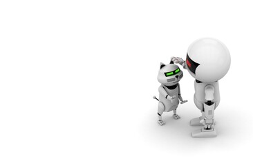 Robot cat. 3d rendering illustration. Isolated on white. Kitten 3d. Droid. 3d render. White cat. Robotic pet. Humanoid. Cyborg. Pet shop. Modern technology. Future. Animal. Mechanical. Futuristic.