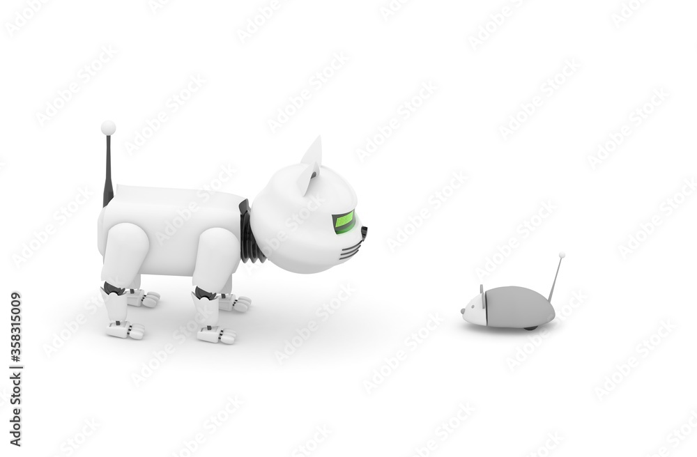 Poster robot cat. 3d rendering illustration. isolated on white. kitten 3d. droid. 3d render. white cat. rob