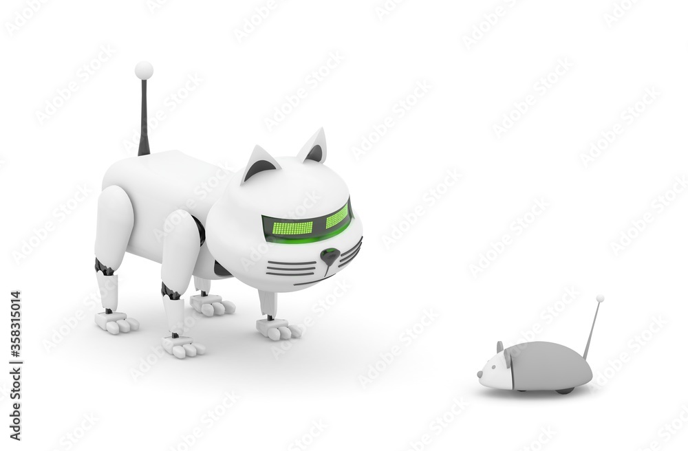 Poster robot cat. 3d rendering illustration. isolated on white. kitten 3d. droid. 3d render. white cat. rob