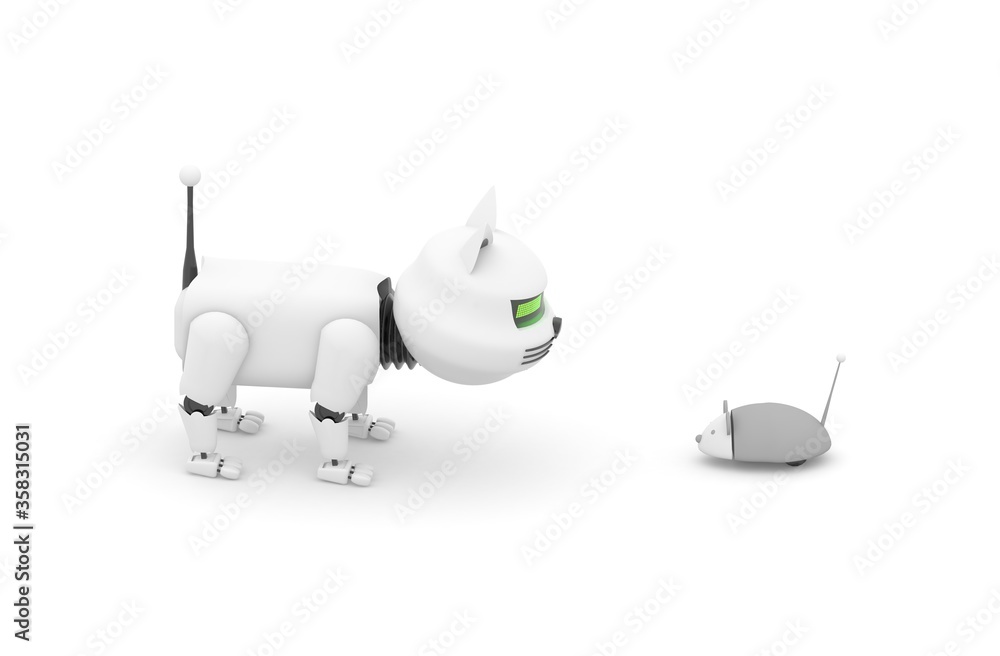 Poster robot cat. 3d rendering illustration. isolated on white. kitten 3d. droid. 3d render. white cat. rob