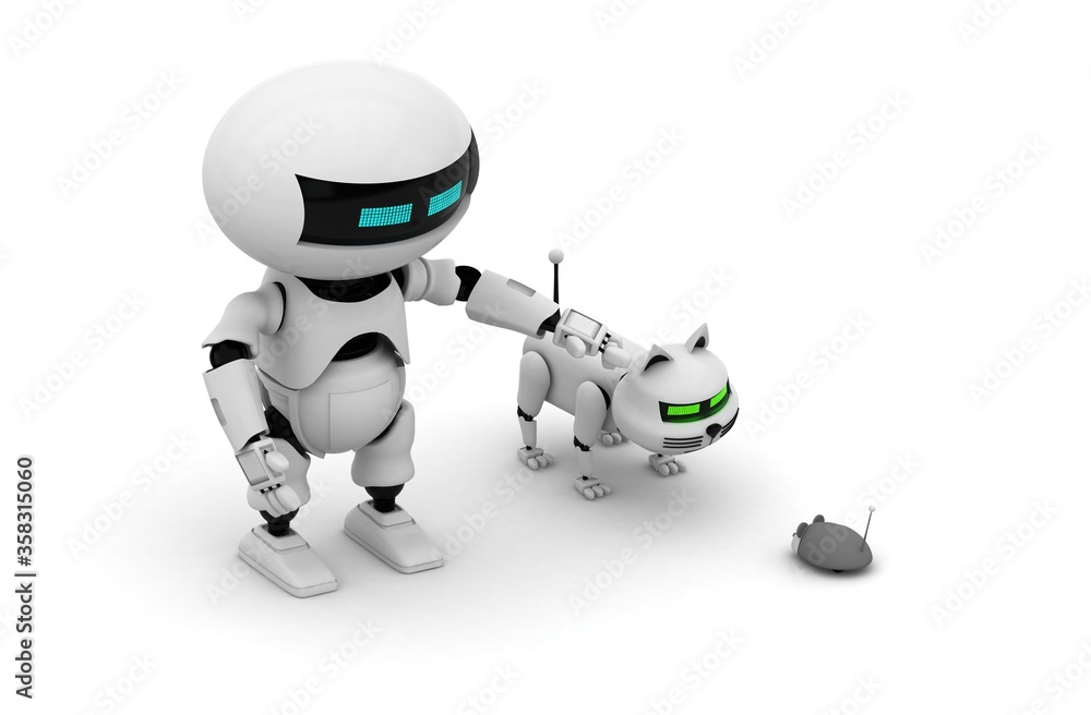 Poster robot cat. 3d rendering illustration. isolated on white. kitten 3d. droid. 3d render. white cat. rob