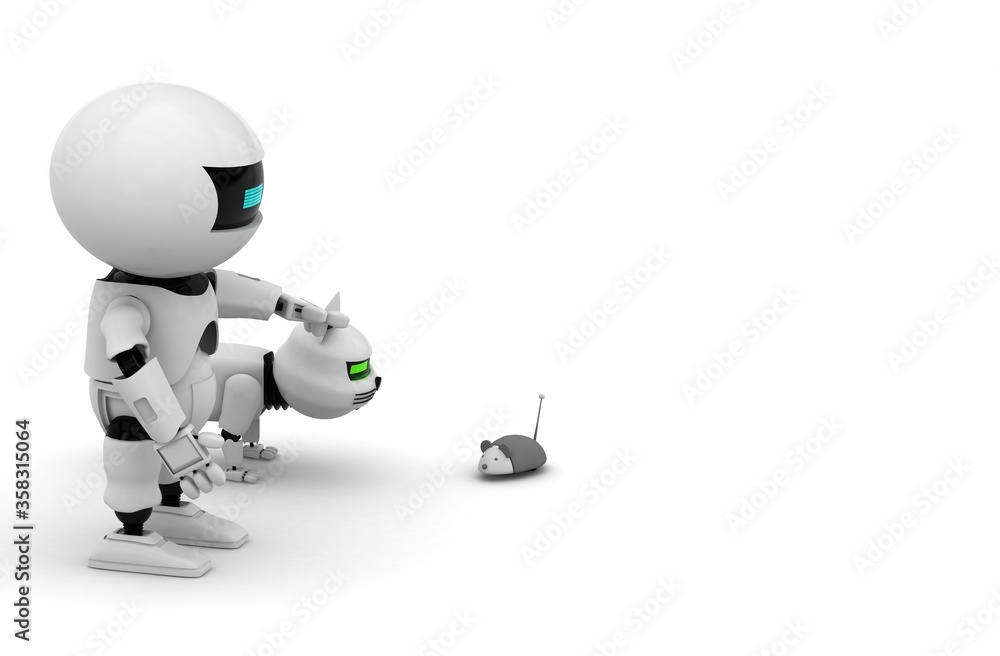 Poster robot cat. 3d rendering illustration. isolated on white. kitten 3d. droid. 3d render. white cat. rob