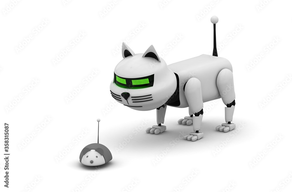 Poster robot cat. 3d rendering illustration. isolated on white. kitten 3d. droid. 3d render. white cat. rob