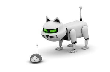 Robot cat. 3d rendering illustration. Isolated on white. Kitten 3d. Droid. 3d render. White cat. Robotic pet. Humanoid. Cyborg. Pet shop. Modern technology. Future. Animal. Mechanical. Futuristic.