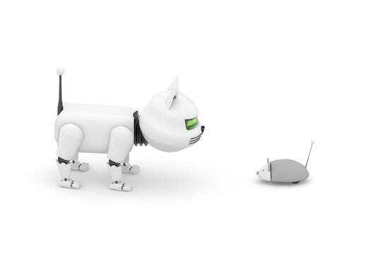 Robot cat. 3d rendering illustration. Isolated on white. Kitten 3d. Droid. 3d render. White cat. Robotic pet. Humanoid. Cyborg. Pet shop. Modern technology. Future. Animal. Mechanical. Futuristic.