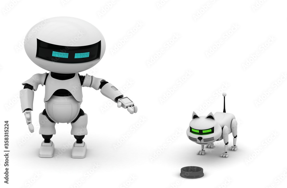 Poster robot cat. 3d rendering illustration. isolated on white. kitten 3d. droid. 3d render. white cat. rob