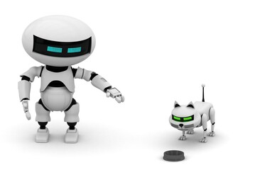 Naklejka premium Robot cat. 3d rendering illustration. Isolated on white. Kitten 3d. Droid. 3d render. White cat. Robotic pet. Humanoid. Cyborg. Pet shop. Modern technology. Future. Animal. Mechanical. Futuristic.