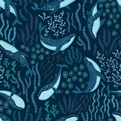 Printed roller blinds Sea Seamless pattern with underwater humpback whales dancing under the sea on dark blue background. Vector illustration with whales in riverbed surrounded by seaweed and algae.