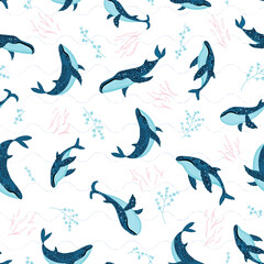 Obraz premium Seamless pattern with underwater humpback whales swimming on white wave background. Vector illustration with whales in riverbed surrounded by seaweed and algae.