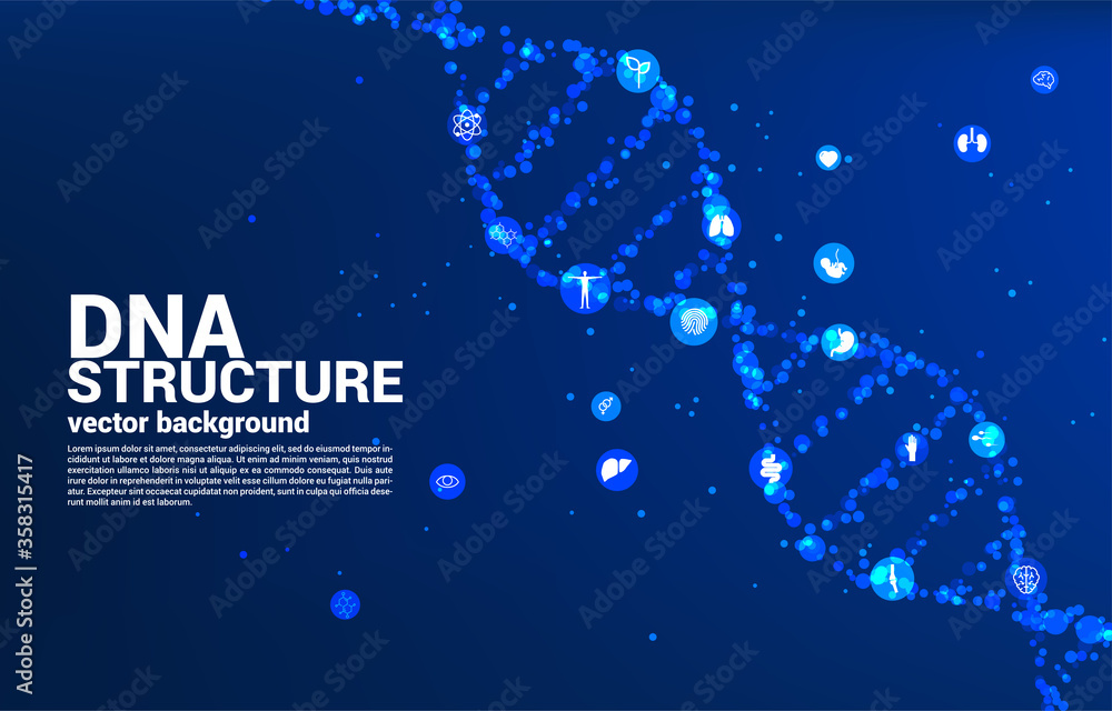 Poster vector dna genetic structure from dot random with icon. background concept for biotechnology and bio