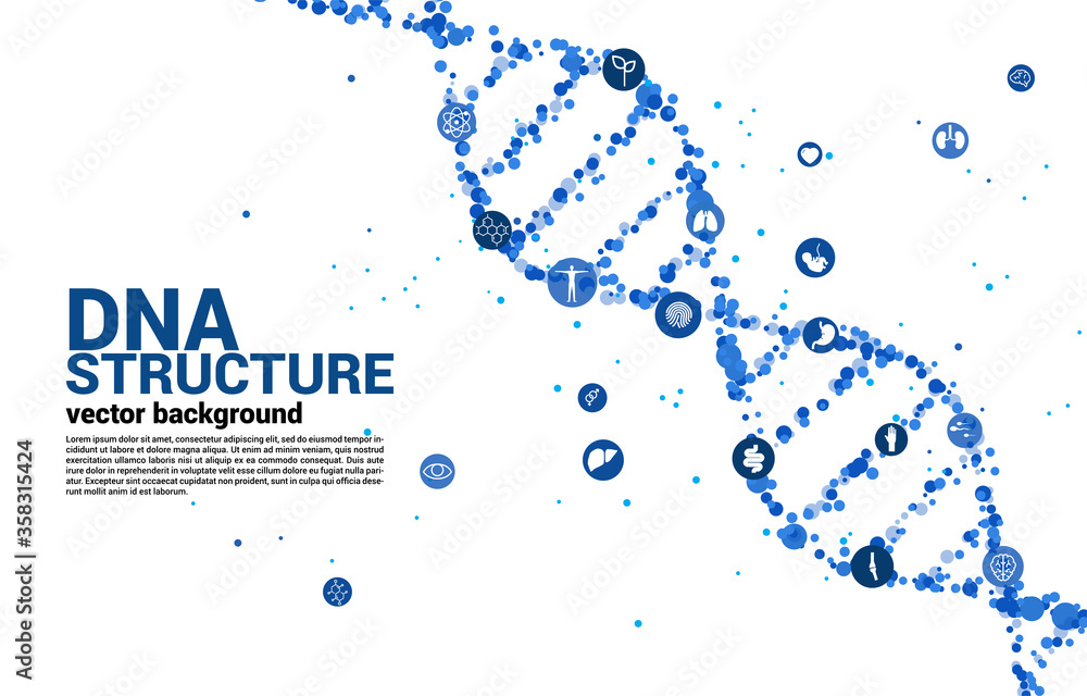 Poster vector dna genetic structure from dot random with icon. background concept for biotechnology and bio