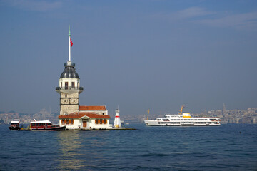 Maiden's tower and Passenger Ferry, symbol of Istanbul, Turkey