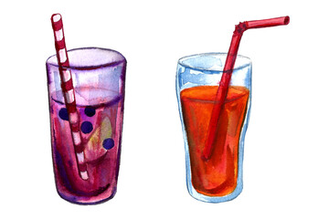 Hand drawn cocktails illustration. Refreshing summer cocktails in glasses with lemon and straw